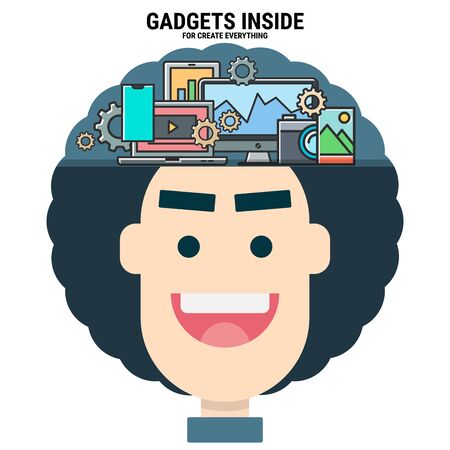 gadgets inside my brain for create everything. variety devices. intelligent creator. graphic designer. modern technology. smart character. flat design vector illustration concept.のイラスト素材