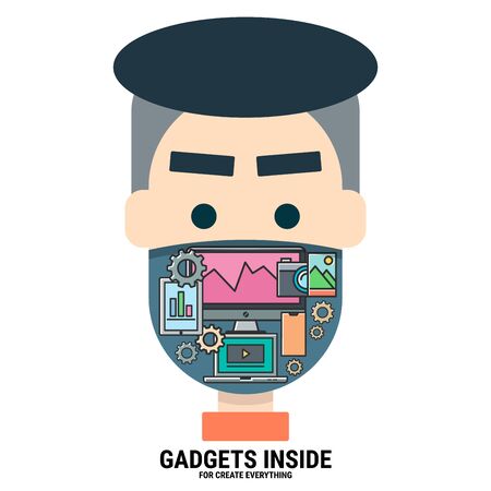 gadgets inside my face for create everything. variety devices. intelligent creator. graphic designer. modern technology. smart character. flat design vector illustration concept.のイラスト素材