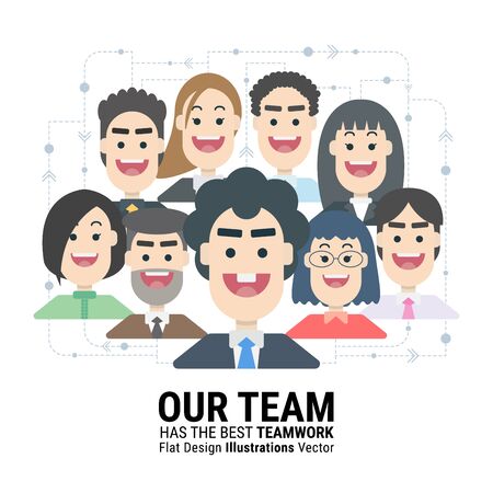 Illustration of business people. our team has the best teamwork. businessman and working woman with excellent cooperation for reach the highest point together. unique character design. flat design modern vector illustration concept.のイラスト素材