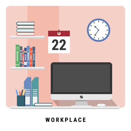 happy WORKPLACE. Simple work space at home or office. Monitor, computer, book and stationary. flat design modern vector illustration conceptのイラスト素材