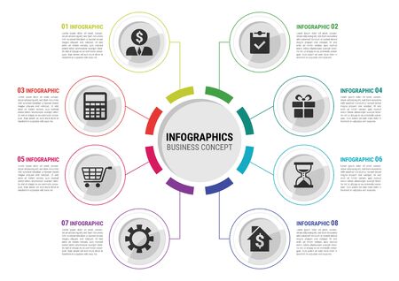 Modern infographic template. Business concept with 8 options created for designers in the design of all kinds of works. integrated circles, for content, diagram, flowchart, steps, parts, timeline infographics, workflow, chart. Beautiful and modern Infographics which can be used in many purposes.のイラスト素材