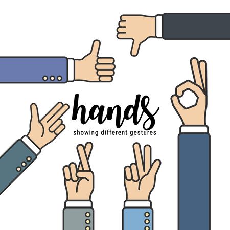 Hands showing different gestures for designers. which can be used in many purposes such as in motion graphics, infographics, presentations and more. Eps10 vector.のイラスト素材