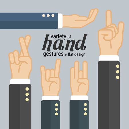 Variety of hand gestures in flat design, which can be used in many purposes such as in motion graphics, infographics, presentations and more. Eps10 vector.のイラスト素材