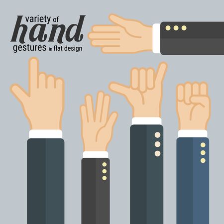 Variety of hand gestures in flat design, which can be used in many purposes such as in motion graphics, infographics, presentations and more. Eps10 vector.のイラスト素材