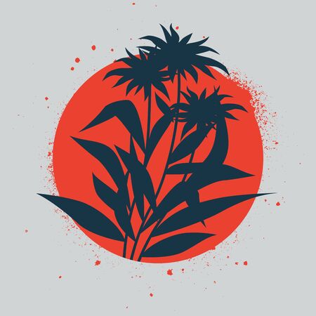 Red round circle splash stain with silhouette plant in the middle.のイラスト素材
