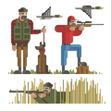 Modern geometric flat style of set of hunters silhouette in different poses with weapon, gun, riffle, dog and duck, used for design, web and infographic.のイラスト素材
