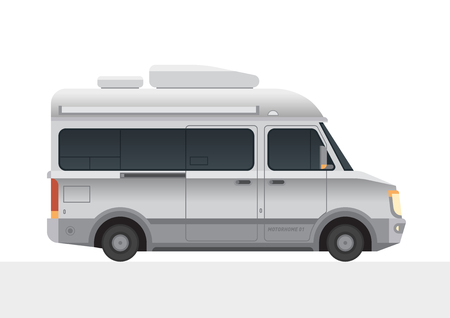 New flat realistic style modern, small, size camper van motor home for camping, family travel, truck caravan.のイラスト素材
