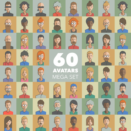 Huge set of male and female character faces avatars with different faces, colors, hairs, accessories drawn in flat style with thin line icons.のイラスト素材