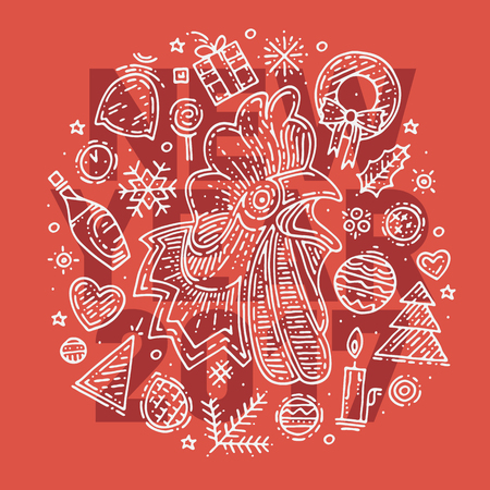 Hand drawn rooster and different elements and icons  include fir tree, present, toy, champagne, heart, candle, star, candy with New Year 2017 textのイラスト素材