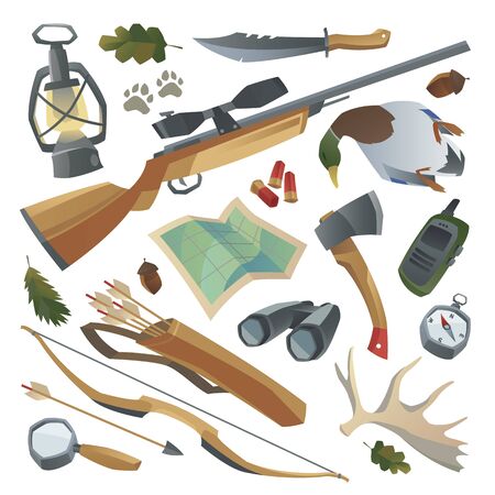 Big hunters stuff set. Weapon, rifle, bow, arrows, binoculars, magnifier, quiver, duck, radio, knife, lantern, antler, compass, map, axe, patron, footprints. Isolated design elements. Cartoon style.のイラスト素材