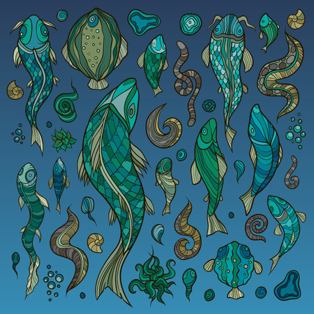 Hand crafted collection of fishes and creaturesのイラスト素材