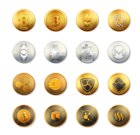 Vector set of crypto currency logo gold, silver, bronze coins: Bitcoin, Litecoin, Augur, Monero, Nem, Ethereum, Dash, Stratis, Ripple. Crypto currency coins vector collection. Crypto currency logo setのイラスト素材