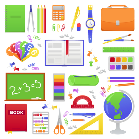 School supplies from student's or pupil backpack. Vector colorful illustration of orange schoolbag, book, globe, calculator. Bright concept design for web, site, advertising, banner, poster, board.のイラスト素材