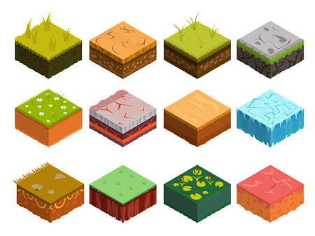 Isometric Soil Layers diagram. Cross section of green grass and underground soil layers beneath. The stratum of organic, minerals, sand, clay. Isometric soil layers with top layer of green grass, iceのイラスト素材