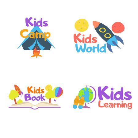 Kids logo vector set. Logo collection of kids club, land, playground, zone, hobby, arts. Colorful promo signs and creative idea for children's playing space. Vector icons and symbols set of child logoのイラスト素材