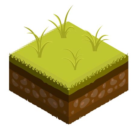 Isometric Soil Layers diagram. Cross section of green grass and underground soil layers beneath. The stratum of organic, minerals, sand, clay. Isometric soil layers with top layer of green grass, iceのイラスト素材