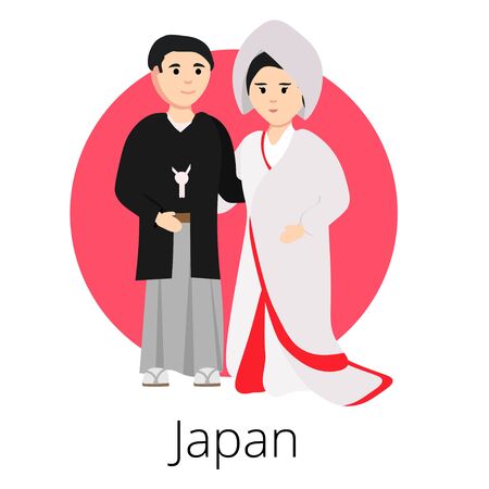 Local weddings collection with the bride and groom wearing traditional dress and engaging in local customs. Vector set of Wedding couples in traditional clothes. Traditional weddings couple vectorのイラスト素材