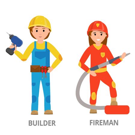 Women hard working in non-traditional man's roles, profession: police, security, driver, firefighter, military, mechanic, scientist, locksmith, surveyor. Feminist girl, woman. Vector design conceptのイラスト素材