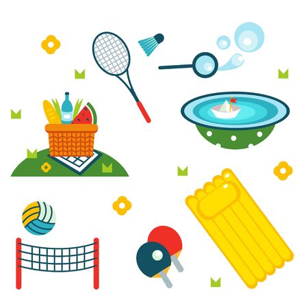 Summer holiday activity symbols set. Vector illustration set of isolated vacation summer elements. Elements flat collection of summer outdoor recreation and on the beach. Summer sport. Kids activitiesのイラスト素材