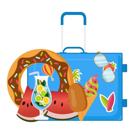 Bright, minimalist vector images, objects that capture the spirit of summer, summertime, summer colors: flamingo inflatables, ice cream, fruits, sunglasses, tropical leaves, cocktails. Design conceptのイラスト素材