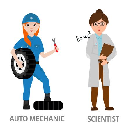 Women hard working in non-traditional man's roles, profession: police, security, driver, firefighter, military, mechanic, scientist, locksmith, surveyor. Feminist girl, woman. Vector design conceptのイラスト素材