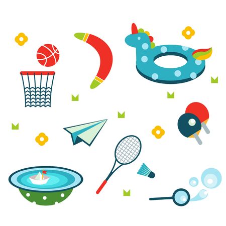 Summer holiday activity symbols set. Vector illustration set of isolated vacation summer elements. Elements flat collection of summer outdoor recreation and on the beach. Summer sport. Kids activitiesのイラスト素材