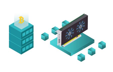 Mining farm process vector set. Symbols and icons of mining farm equipment. Blockchain technologies vector collection for design concept, presentation, business idea. Mining farm vector illustrations.のイラスト素材