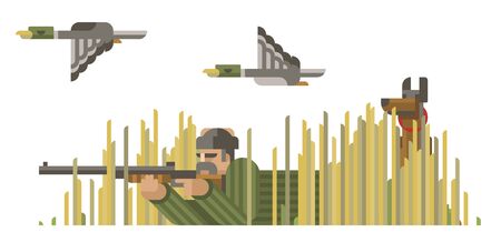 Set of hunters silhouette in different poses with weapon, gun, rifle, dog, duck. Modern geometric flat style. Hunters for design, web, infographic. Isolated vector illustration on white background.のイラスト素材