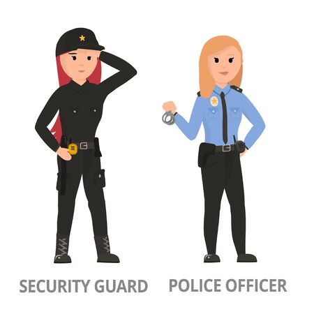 Women hard working in non-traditional man's roles, profession: police, security, driver, firefighter, military, mechanic, scientist, locksmith, surveyor. Feminist girl, woman. Vector design conceptのイラスト素材