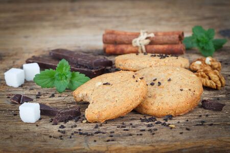 Ginger cookies with chocolate, cinnamon and walnutsの写真素材