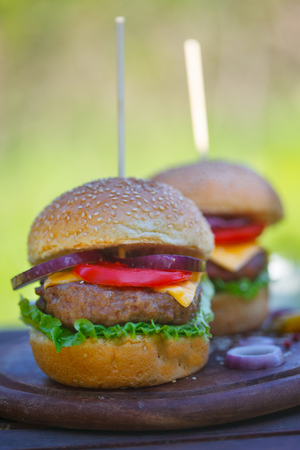 Fresh home-made hamburger served on wood. Fresh, tasty hamburgers. Soul food.の写真素材