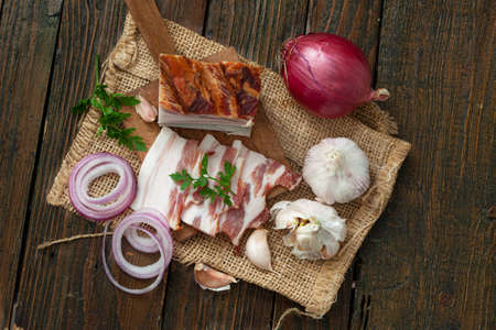 Natural immune ingredients against flu and covid including bacon, garlic and onion. Domestic food good for immunity..の写真素材