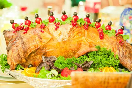 Meat in berries and greensの写真素材