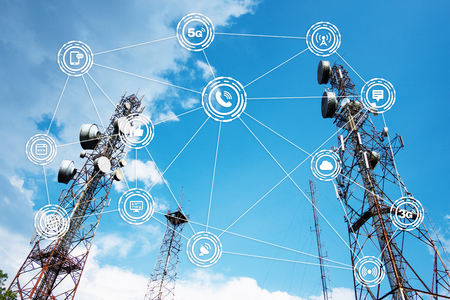 Antennas on the top of a Hill with blue sky. Communication spider web icon.