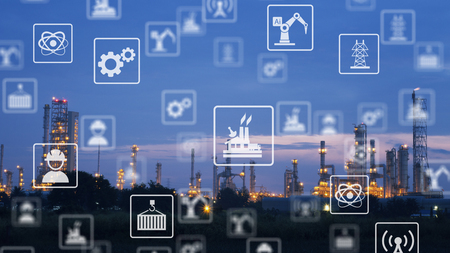 The smart industry 4.0 at morning time. Industry with blue sky. Industrial icon pattern.の写真素材