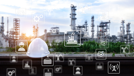 The smart industry 4.0 at morning time. Industry with blue sky. Industrial icon pattern.の写真素材