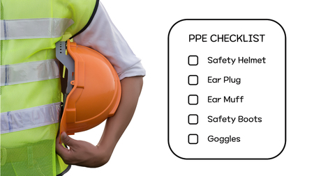 Hazard Identification and Risk Assessment concept (Safety work place) - Engineering man or Safety Inspector standing with PPE checklist on tablet.の写真素材