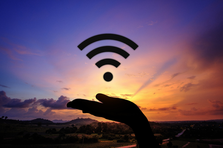 Network security icon with graphic diagram on beautiful sunset background. Computer defender and security concept.の写真素材