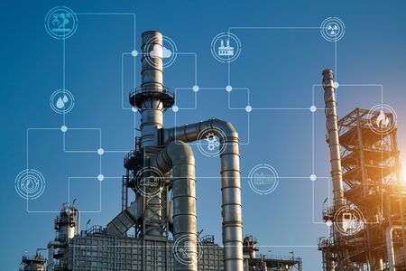 Petrochemical industry on sunset and Twilight sky, Power plant, Energy power station area.