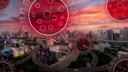 Virus outbreak in the big city background. Infection of virus in city.の写真素材
