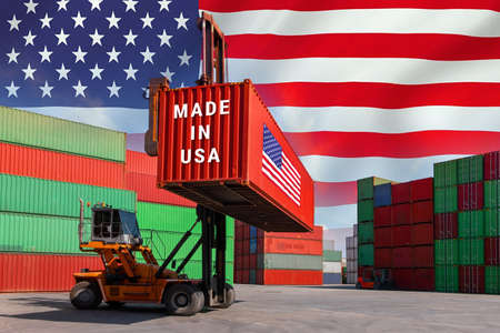 Trade war, Made in USA smart logistic concept. Shipping Cargo business Container import and export company for Logistics and Transportation. Factory move from USA.の写真素材
