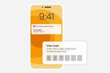 Flat design vector image of a smartphone displaying a 2-factor authenticator app with a 6-digit code for secure sign-in. Modern Mobile Phone User Interface Design Template.のイラスト素材