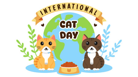 International Cat Day Celebrates the Friendship Between Humans and Cats on the August in Cute Flat Cartoon Background Illustrationのイラスト素材