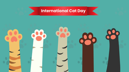 International Cat Day Celebrates the Friendship Between Humans and Cats on the August in Cute Cat Paw Flat Cartoon Background Illustrationのイラスト素材