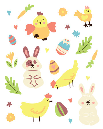 Easter decoration with colorful bunnies, eggs and flowers. Banner with copy space. Vector set of Easter design elements.のイラスト素材