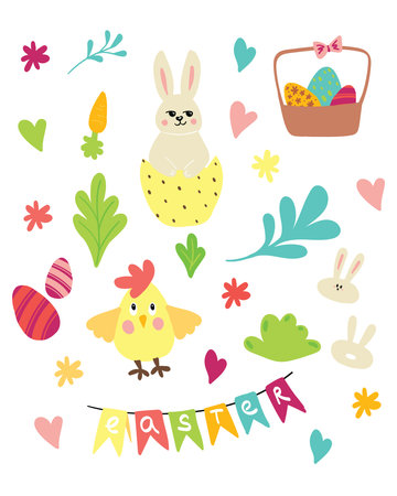 Easter decoration with colorful bunnies, eggs and flowers. Banner with copy space. Vector set of Easter design elements.のイラスト素材