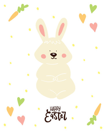 Happy Easter print. Cute hand drawn Spring illustration with eggs, flowers, leaves and bunny.のイラスト素材