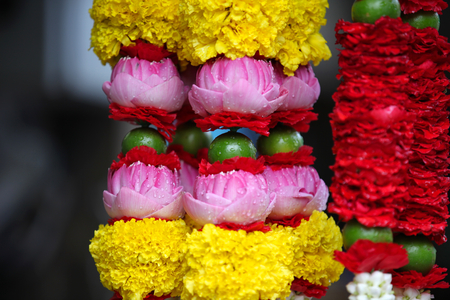 Traditional Thai garlands of colorful flowers, Thailand, Southeast Asiaの写真素材