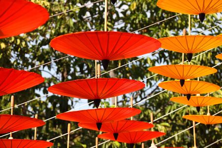 Decorative Chinese umbrellas in composition, Thailand, south east asiaの写真素材
