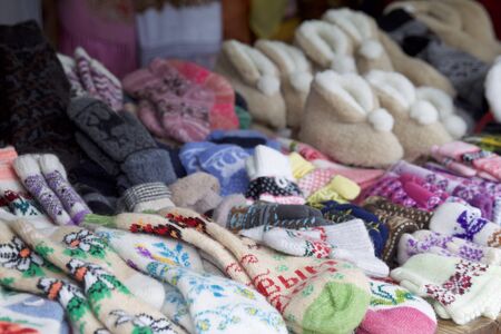 Countertop for the sale of knitted socks, Russia, Russiaの写真素材